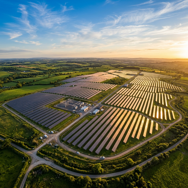 Solar farm at golden hour